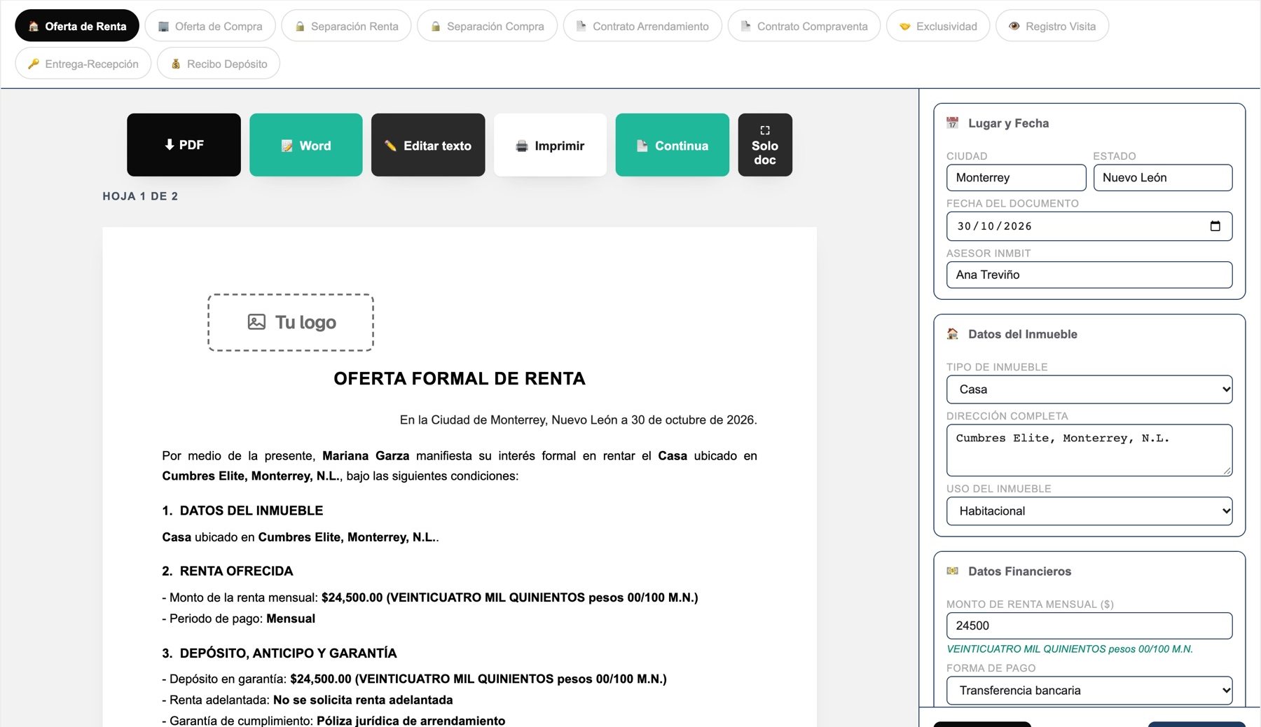 Documentación de Inmbit: oferta de renta generada a partir de un formulario