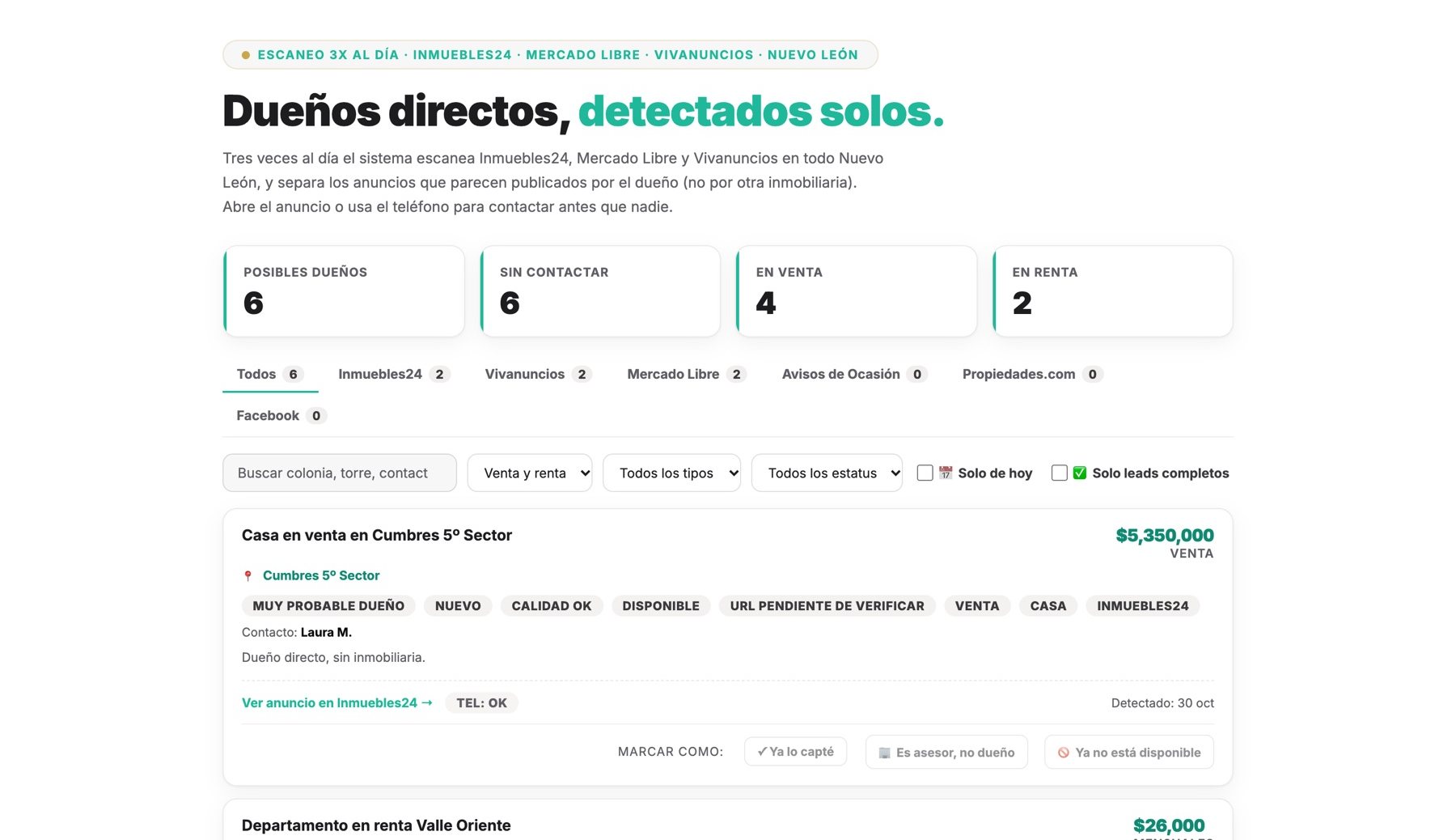 Scouting de Inmbit: lista de dueños directos detectados en los portales
